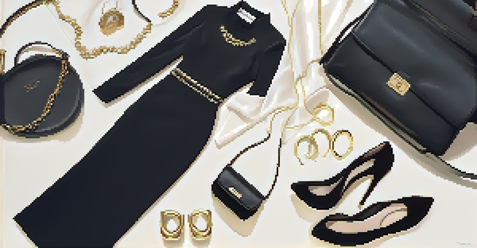 A flat lay of a little black dress with gold accessories on a textured white fabric background, illuminated by soft natural light.
