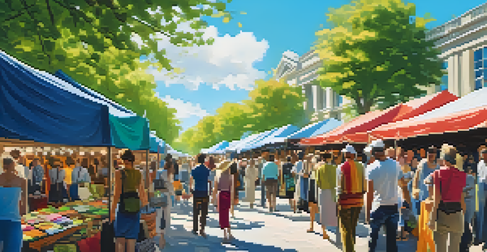 A lively marketplace with colorful stalls selling sustainable fashion items, under a clear blue sky with sunlight filtering through trees.