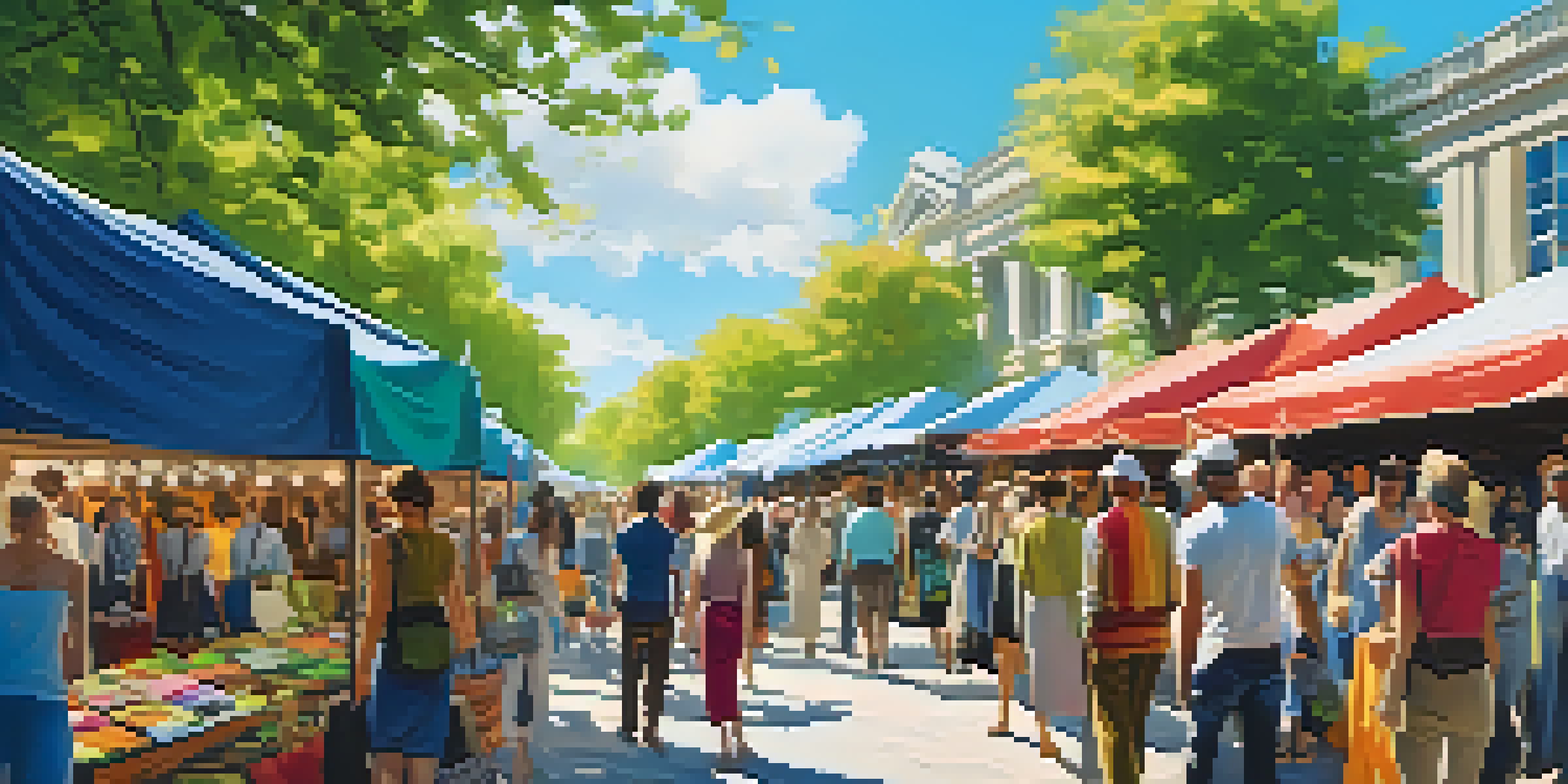 A lively marketplace with colorful stalls selling sustainable fashion items, under a clear blue sky with sunlight filtering through trees.