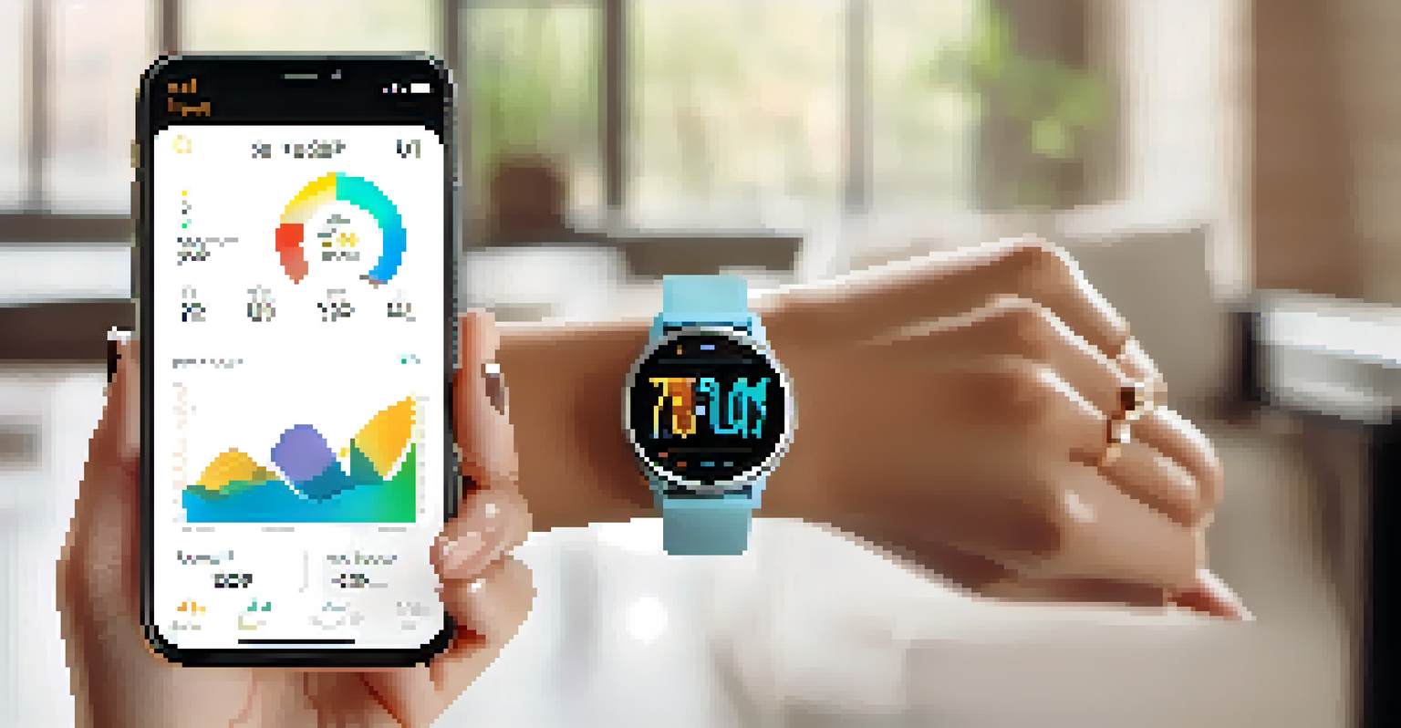 A close-up of a stylish smartwatch displaying health metrics on a woman's wrist in a modern living room.