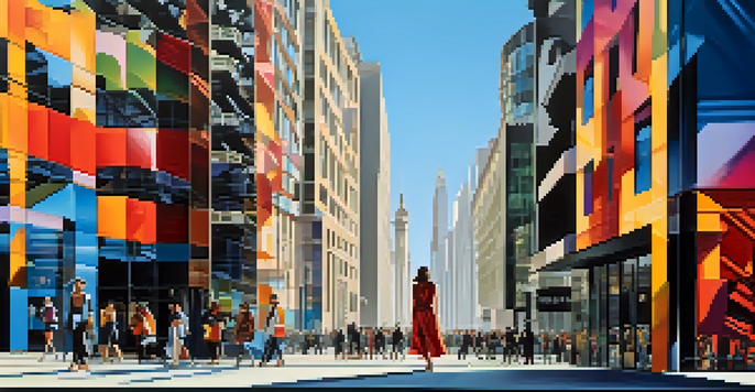 A stylish woman stands in front of modern buildings, surrounded by vibrant street art, emphasizing the connection between fashion and architecture.