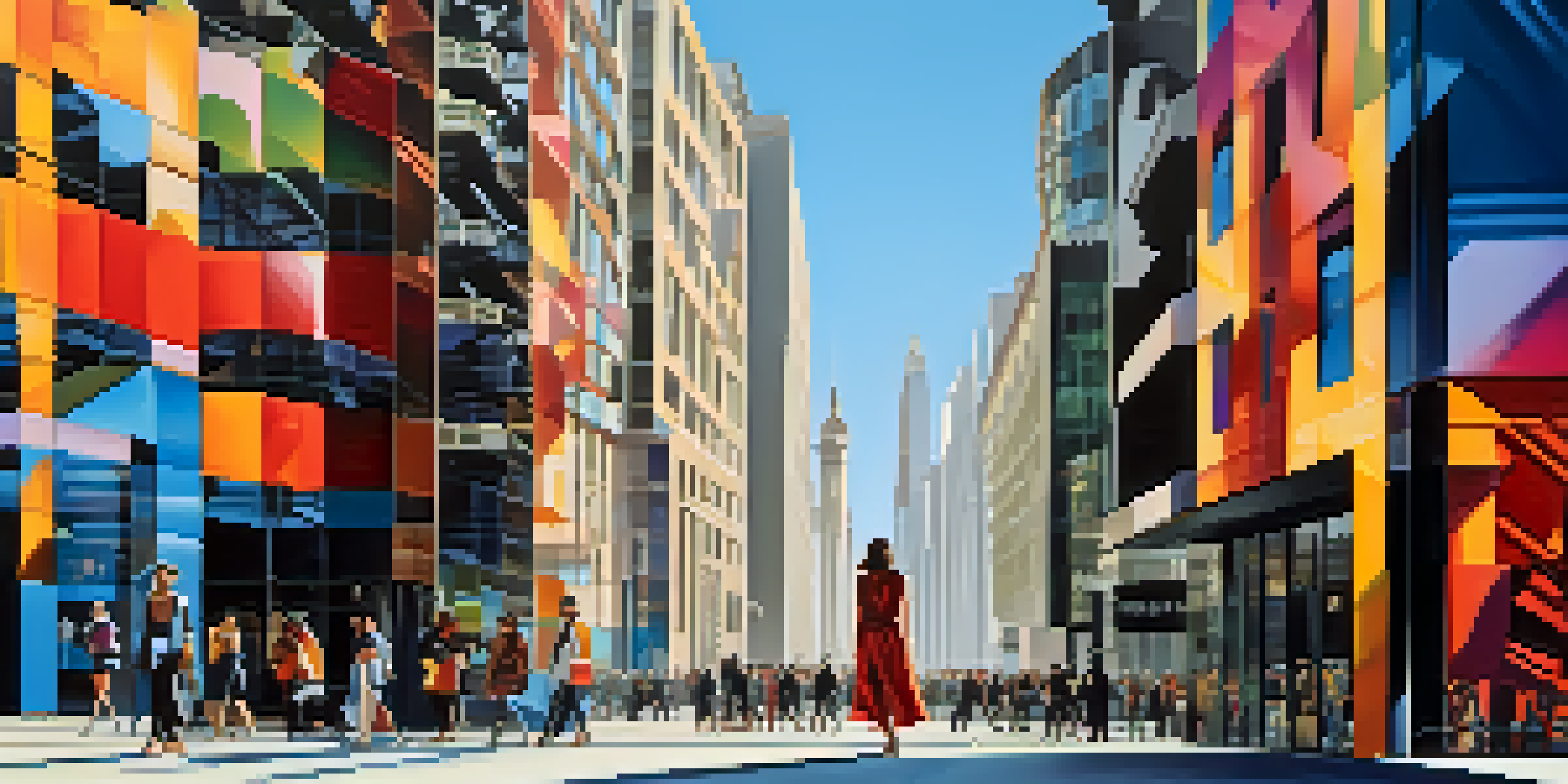 A stylish woman stands in front of modern buildings, surrounded by vibrant street art, emphasizing the connection between fashion and architecture.