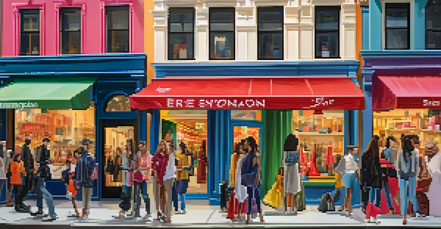 A lively scene of a pop-up shop on a busy city street, showcasing colorful clothing and engaged shoppers.