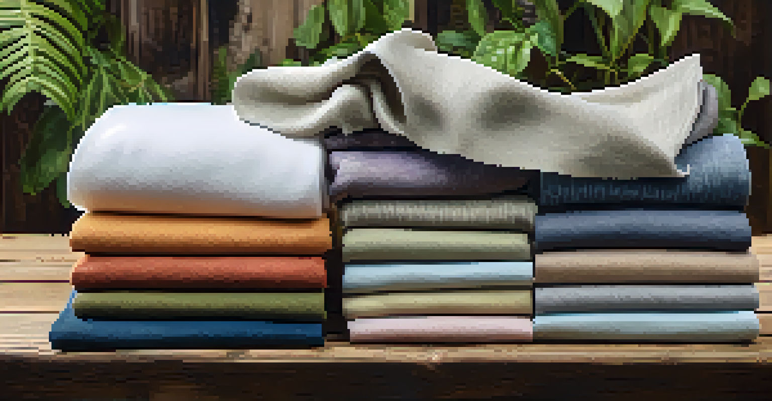 Close-up of eco-friendly fabrics including organic cotton and Tencel on a wooden table, illuminated by soft natural light.
