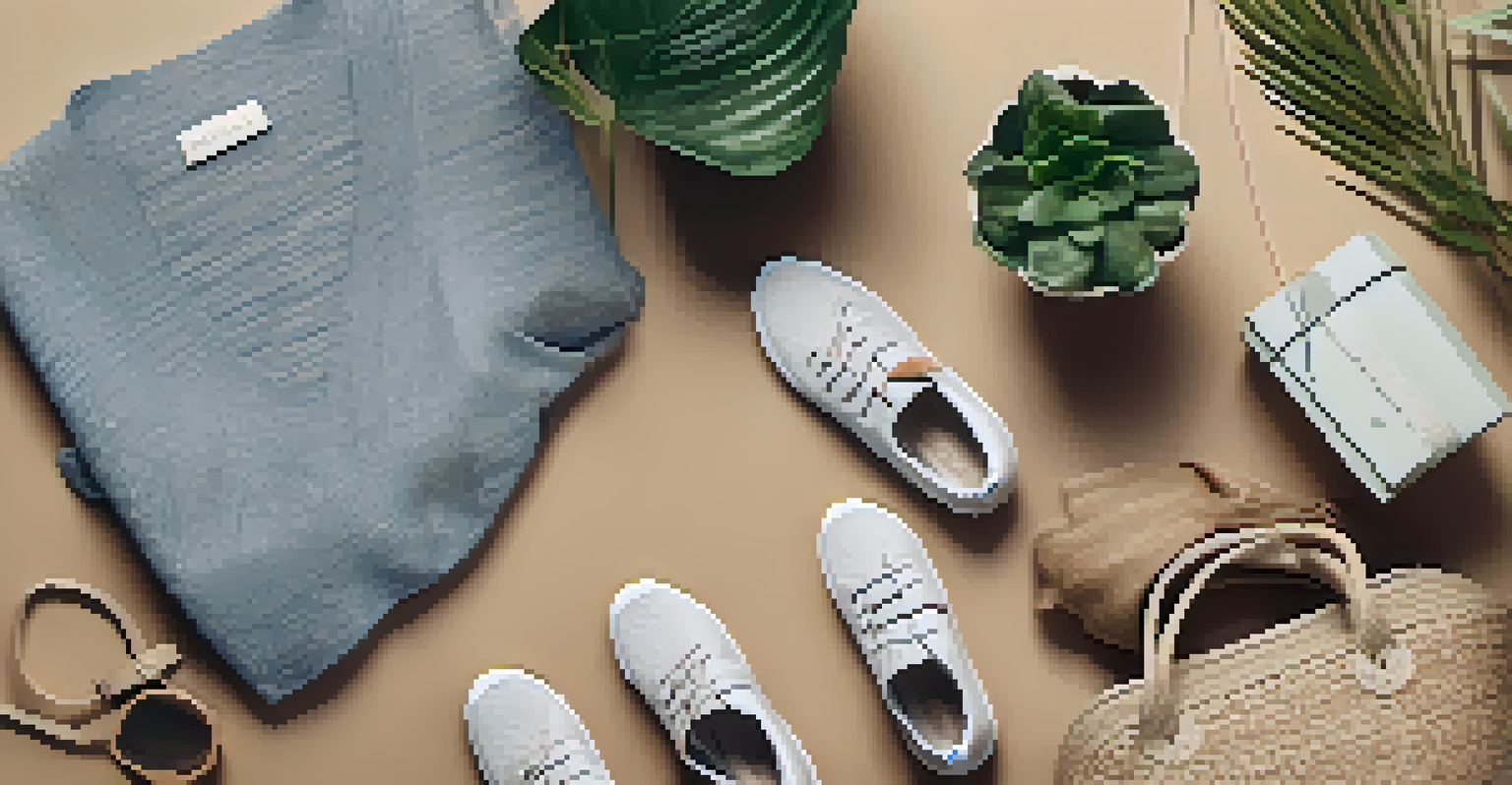 A flat lay of eco-friendly fashion items including shoes, a handbag, and a potted plant, set against a textured fabric background in natural light.