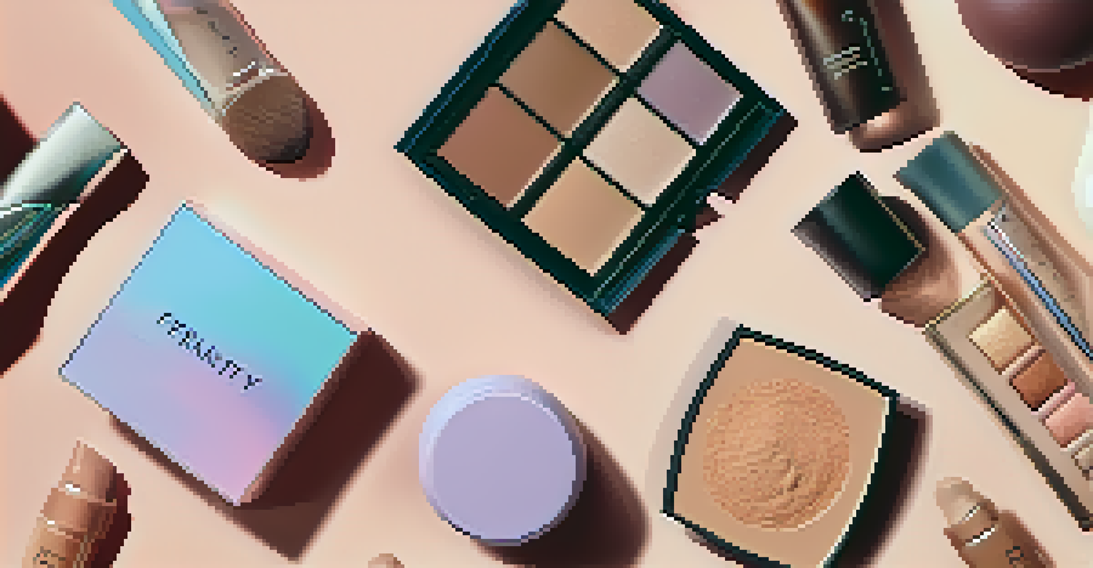 Hands of diverse ethnicities holding various shades of makeup products against a colorful background representing diversity.