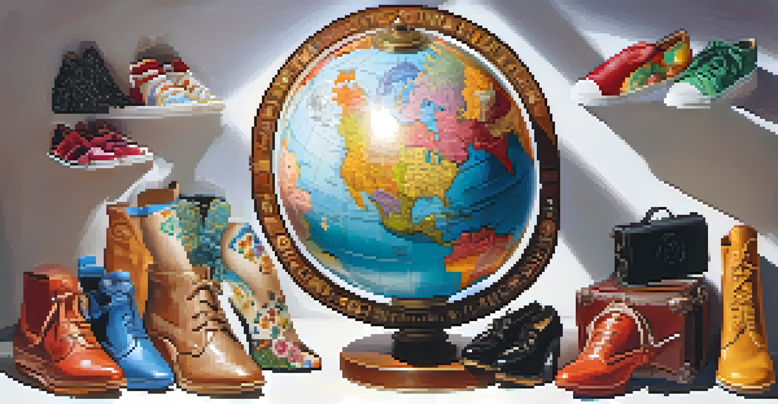 A globe surrounded by diverse fashion items representing different cultures, arranged artistically with warm lighting.