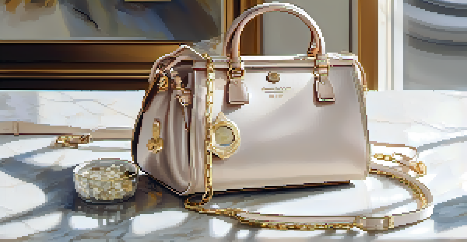 A close-up of a designer handbag on a marble surface, with sunlight highlighting its intricate textures and details.