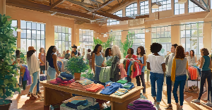 A community clothing swap event with diverse individuals exchanging clothes in a cozy setting filled with plants and natural light.