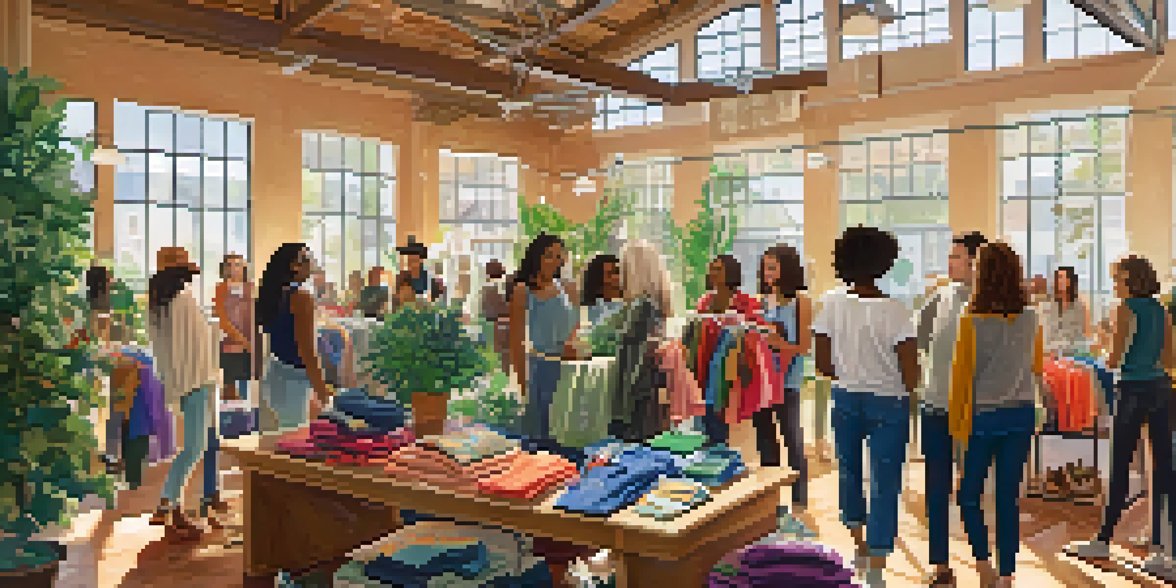 A community clothing swap event with diverse individuals exchanging clothes in a cozy setting filled with plants and natural light.