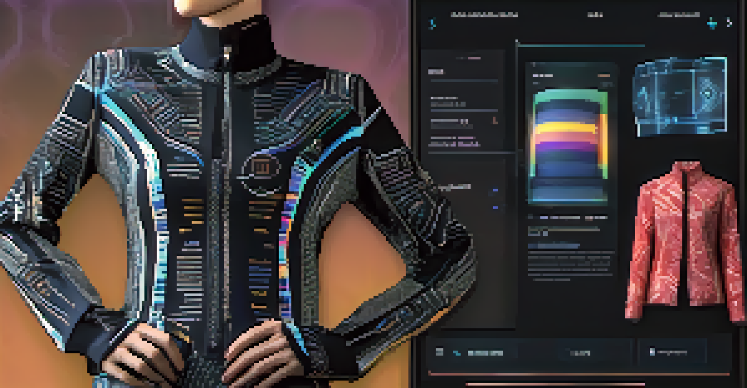 A close-up view of a digital garment NFT displayed on a high-tech marketplace interface, showcasing unique patterns and purchase options.