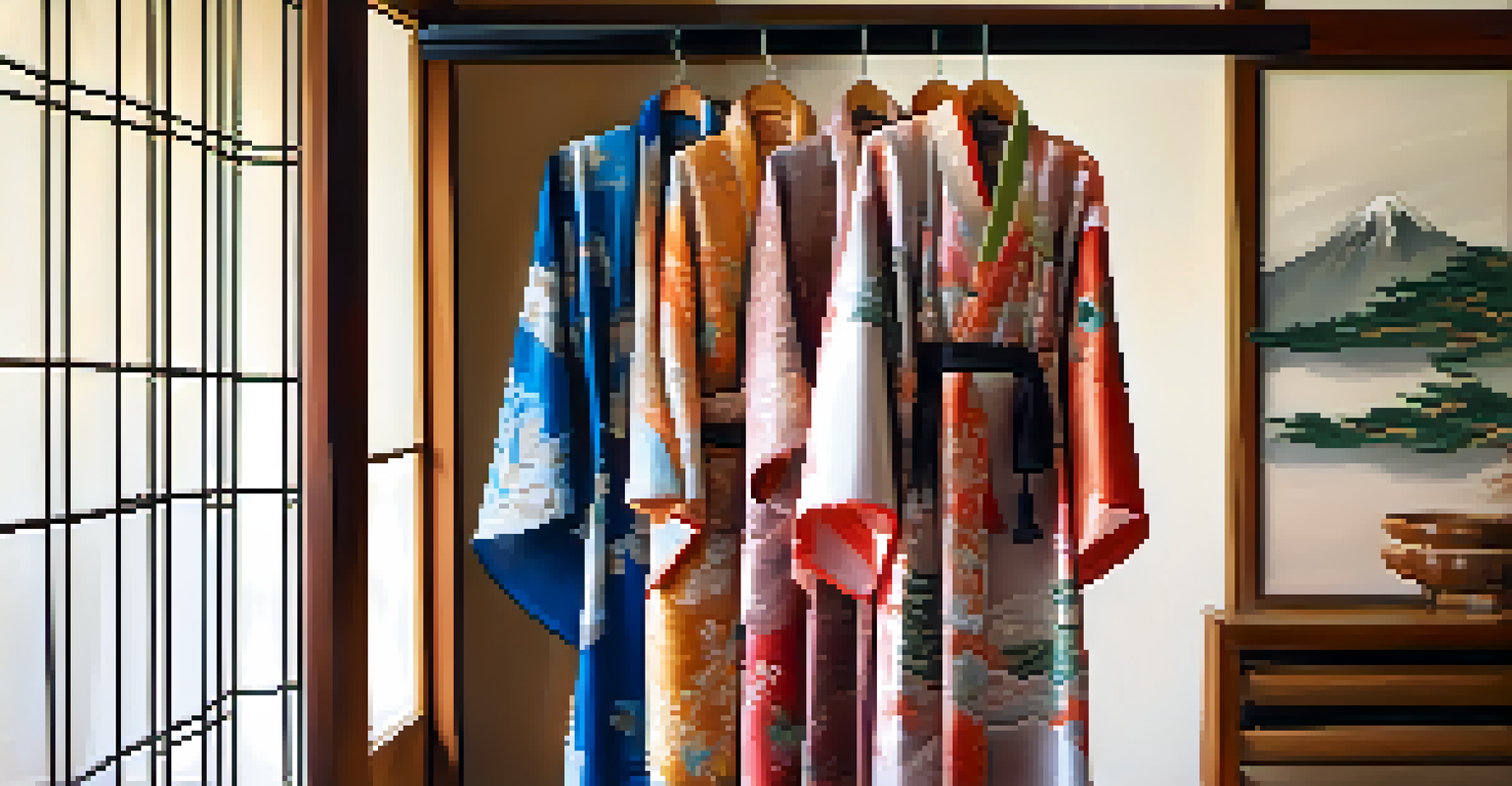 A close-up of a colorful Japanese kimono displayed in a garden setting.