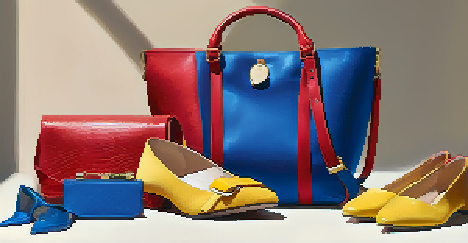 A flat lay of colorful fashion accessories including a red handbag, blue shoes, and yellow scarf on a neutral fabric background.