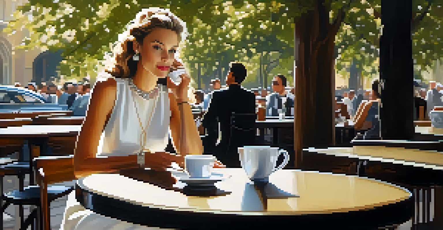 An elegant café scene with a celebrity in a chic outfit enjoying coffee, surrounded by soft natural light and flowers.