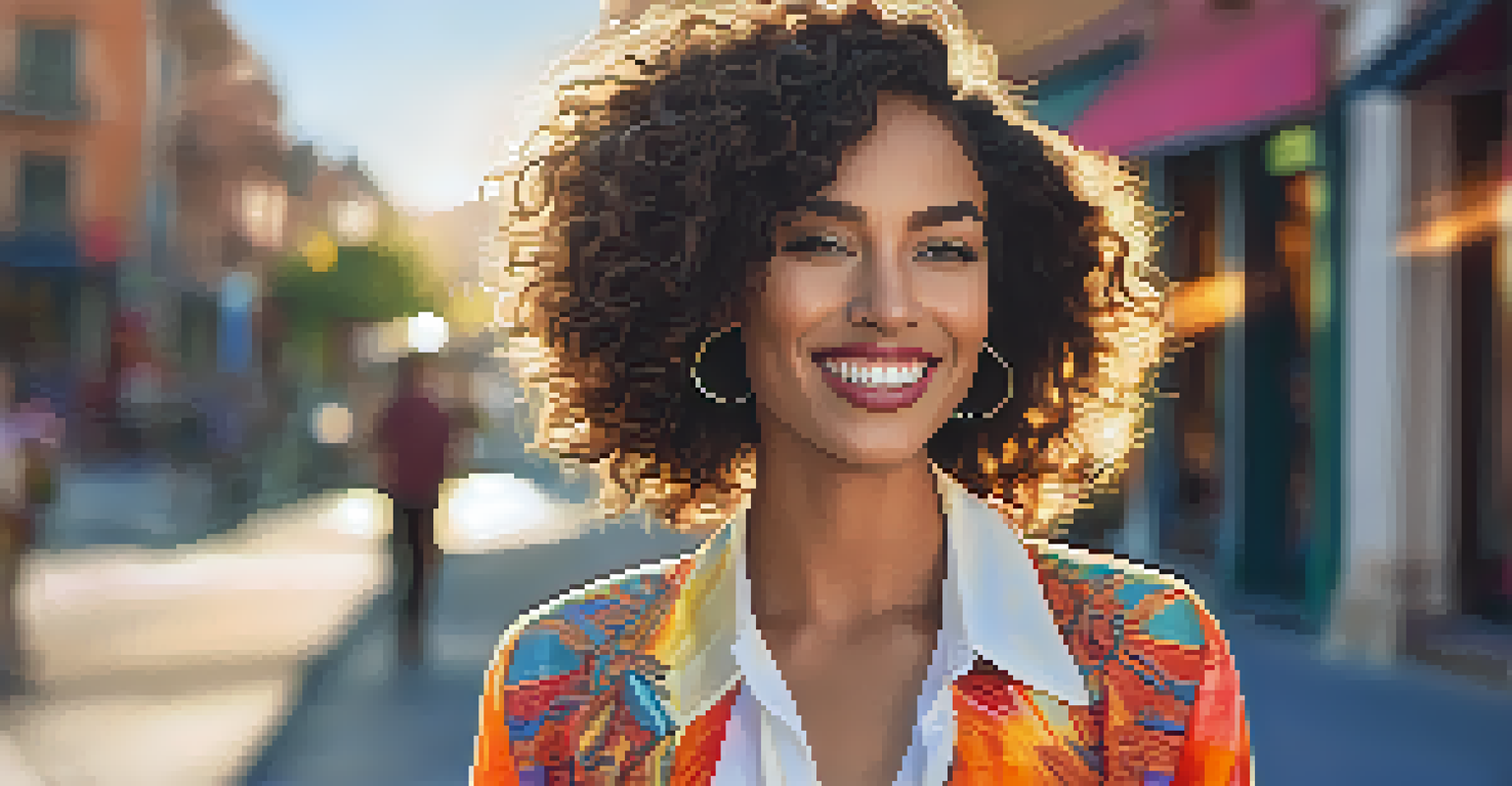 A close-up of a smiling trans model in a stylish outfit outdoors, with sunlight illuminating the fabric and colors.