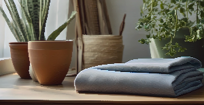 A close-up view of various eco-friendly fabrics including organic cotton, Tencel, and recycled polyester, set on a wooden table with natural lighting.