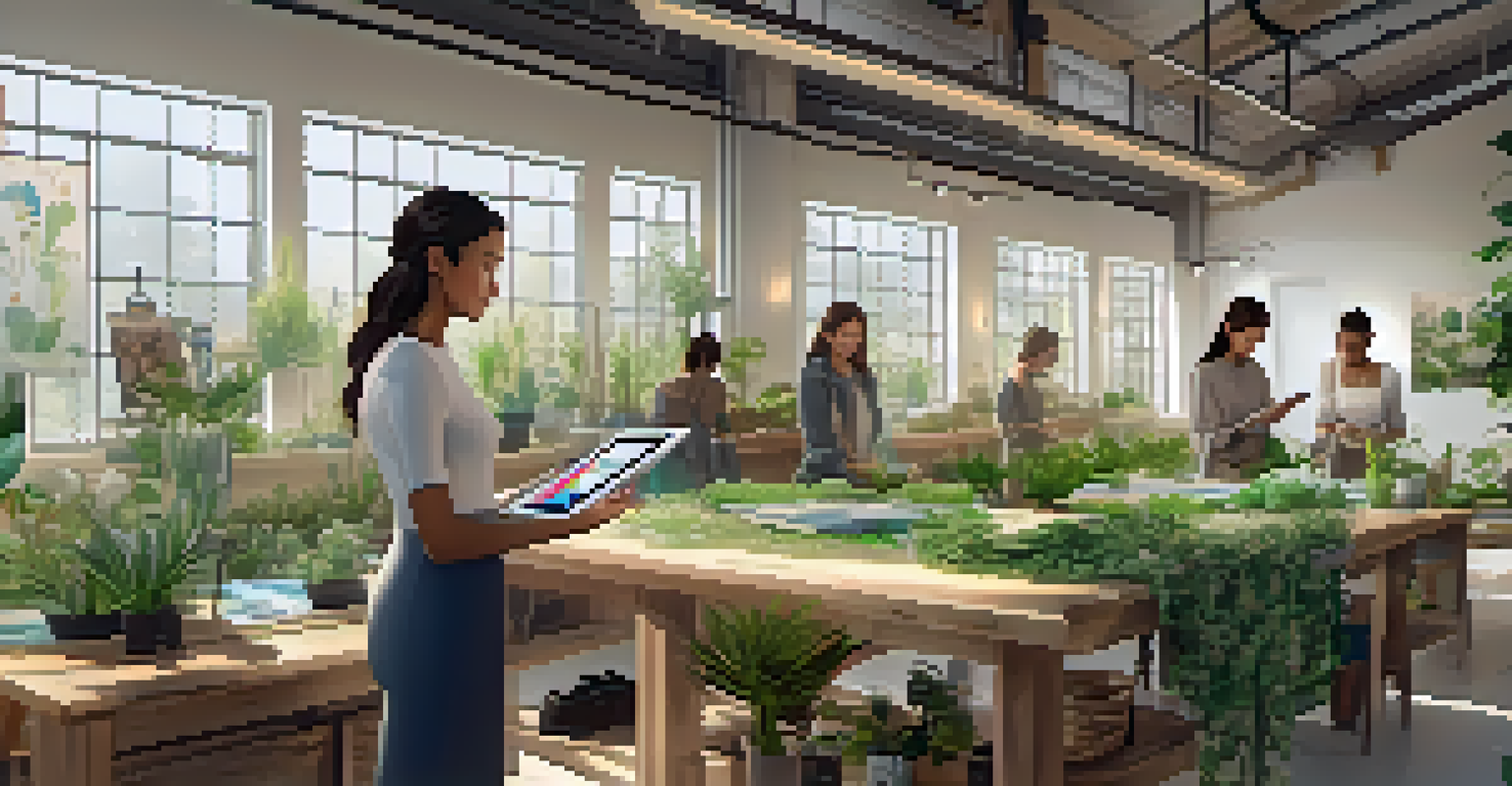 A designer in an eco-friendly workshop using AI to create sustainable fashion, surrounded by recycled materials and plants.