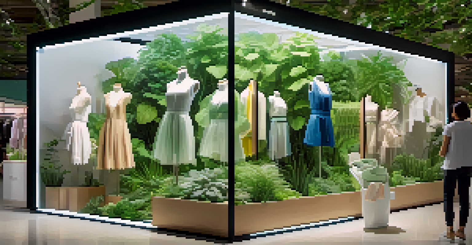 A futuristic fashion retail setting highlighting sustainability and technology, with consumers interacting with a transparent display.