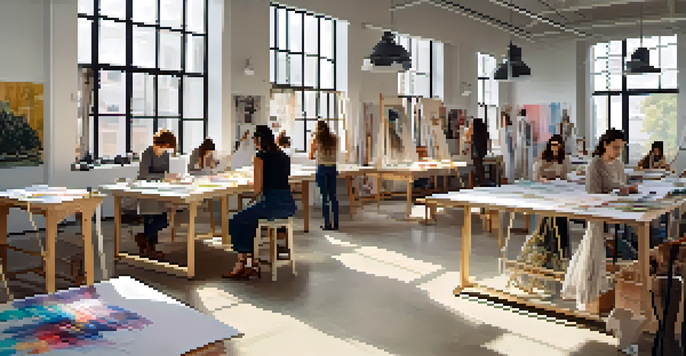 A fashion design studio with students sketching and draping fabrics, surrounded by colorful textiles and fashion illustrations.