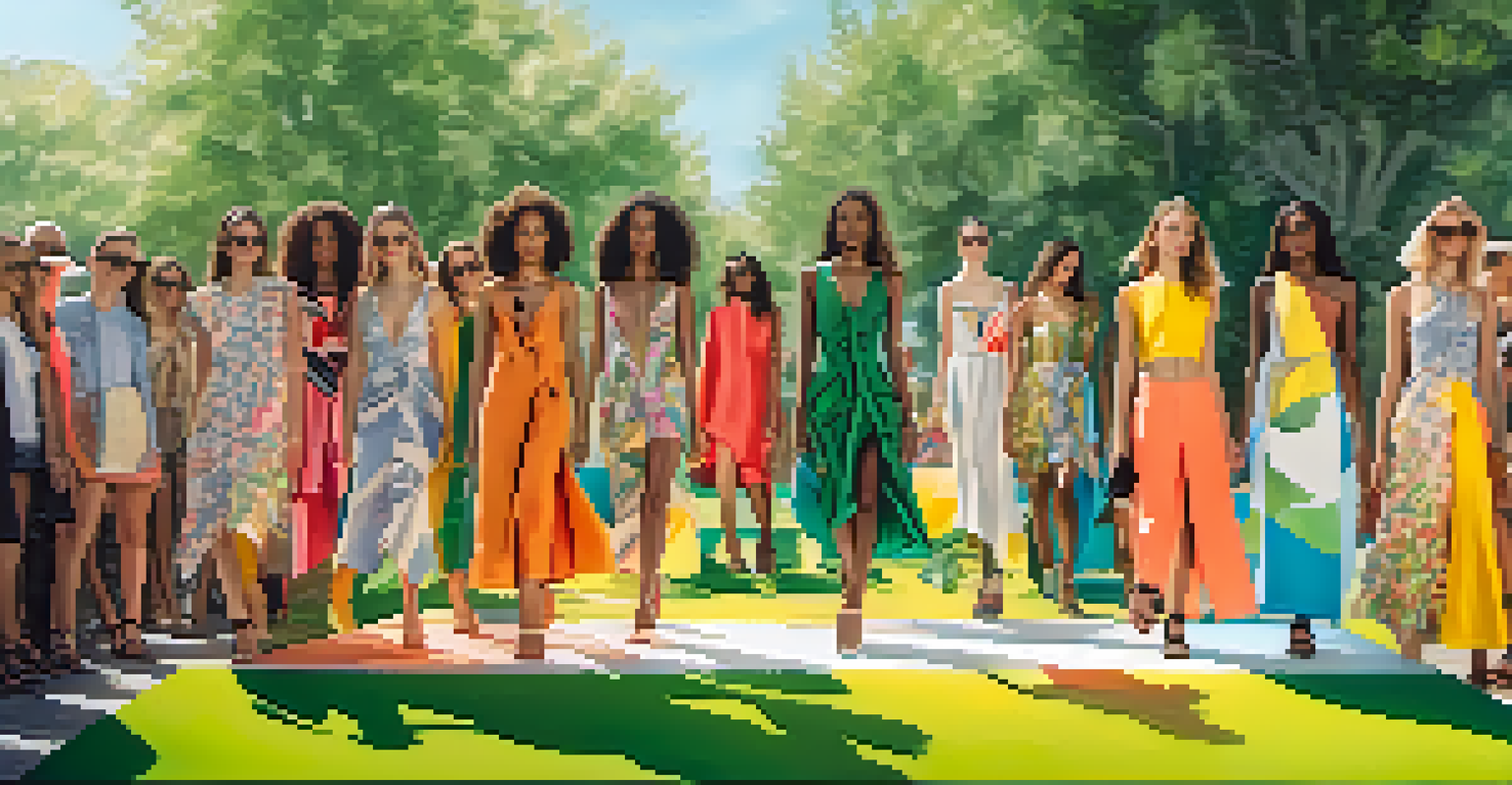 Diverse models showcasing unique clothing designs made from upcycled materials in a sunny park.