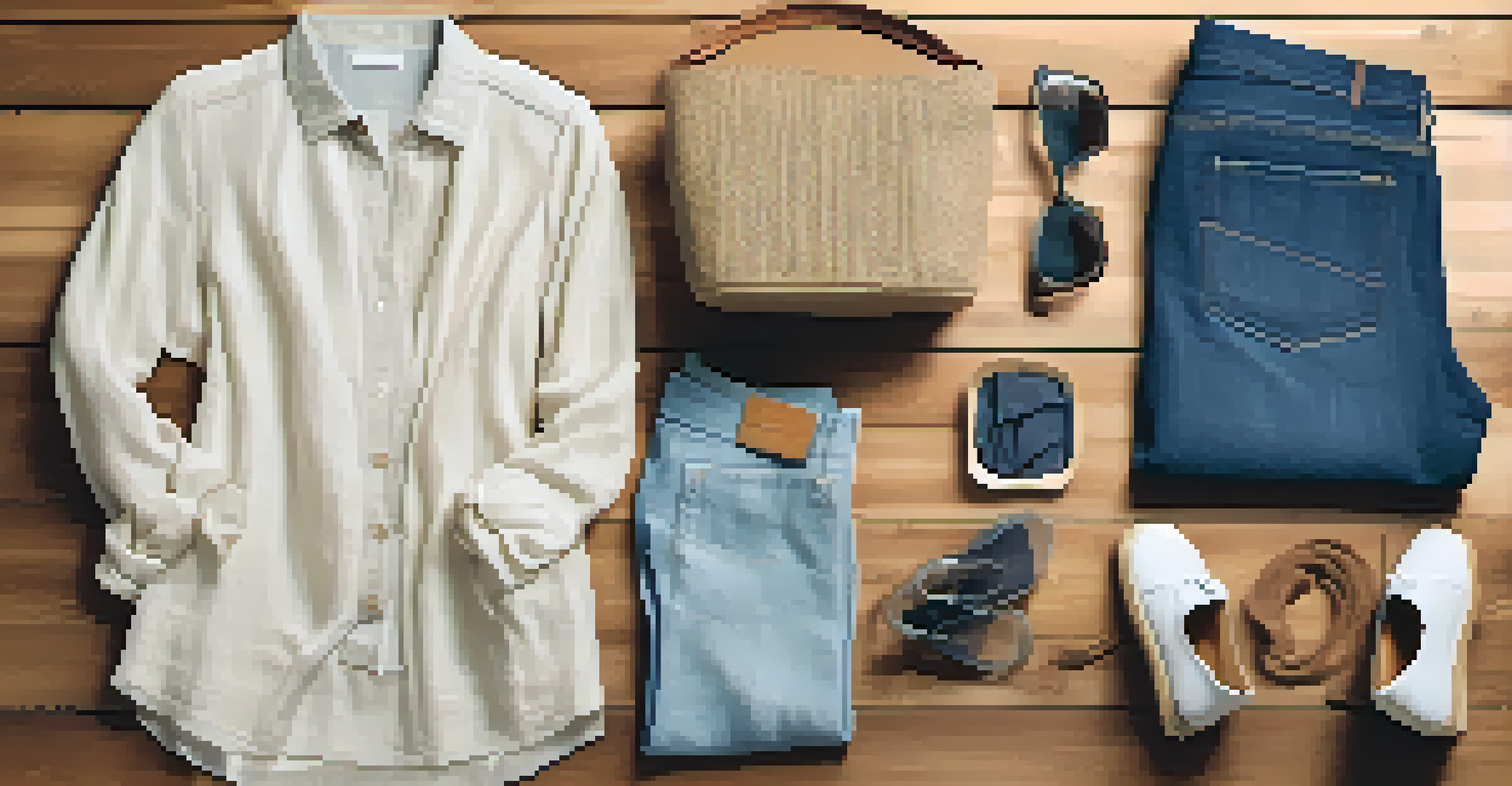 A flat lay image of eco-friendly clothing items on a wooden surface, showcasing sustainable fashion.