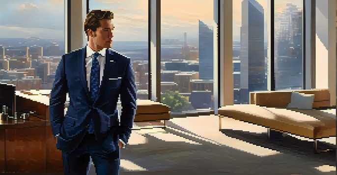 A professional man in a navy suit standing in a modern office with a city view, bathed in warm sunlight.