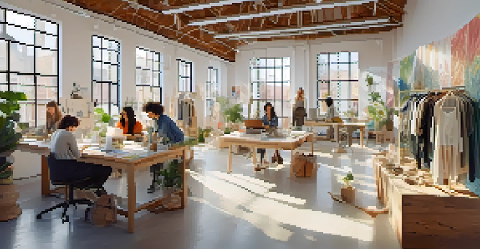 A group of diverse young designers working in a bright office filled with eco-friendly clothing materials and sketches.
