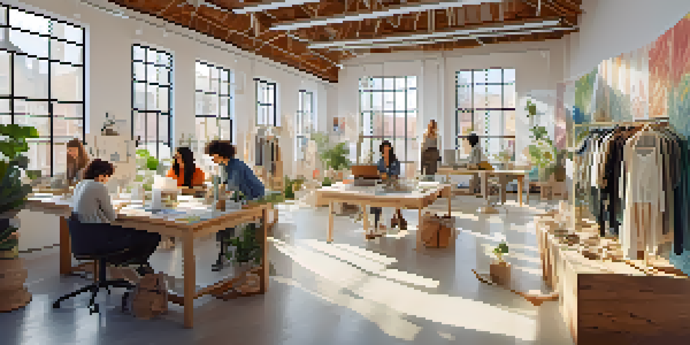 A group of diverse young designers working in a bright office filled with eco-friendly clothing materials and sketches.