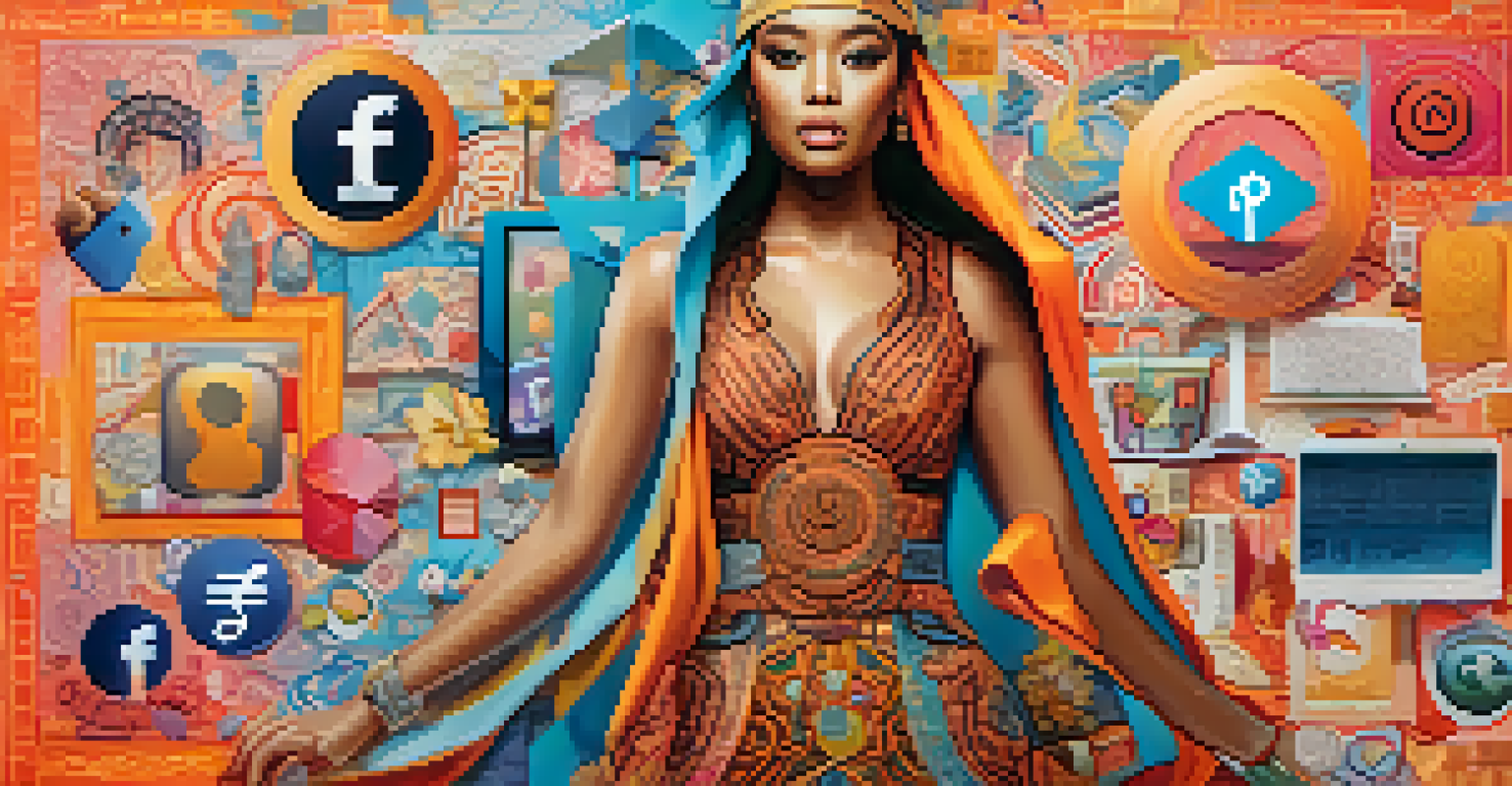 Social media icons surrounded by cultural symbols representing fashion in a dynamic and colorful composition.