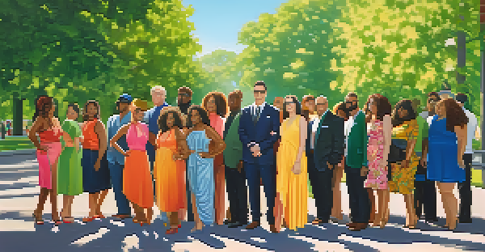 A diverse group of individuals showcasing various body types in a sunny park, wearing colorful outfits.