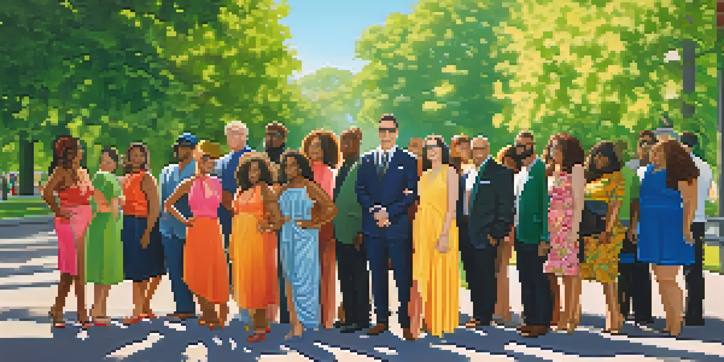 A diverse group of individuals showcasing various body types in a sunny park, wearing colorful outfits.