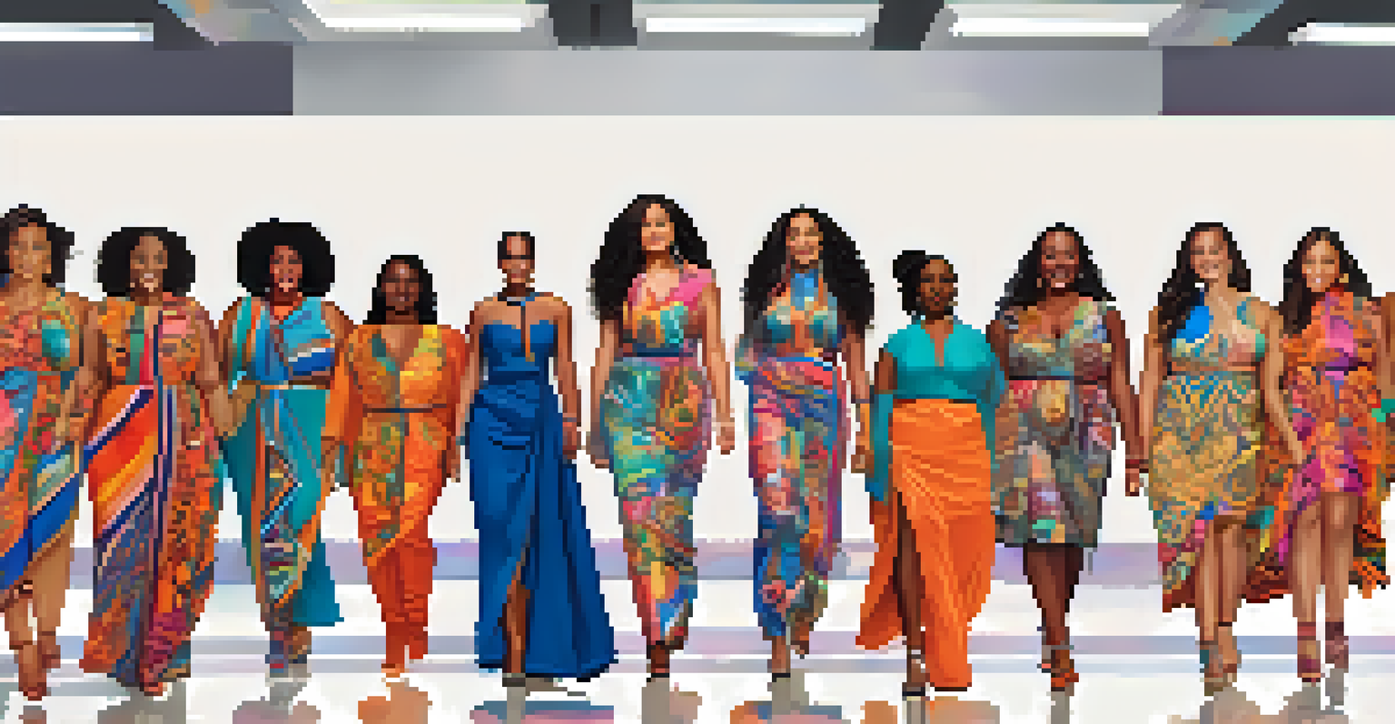 A diverse fashion show with models of different shapes, sizes, and ethnicities walking down the runway, showcasing inclusive clothing against a vibrant backdrop, capturing the joy and empowerment of the models.