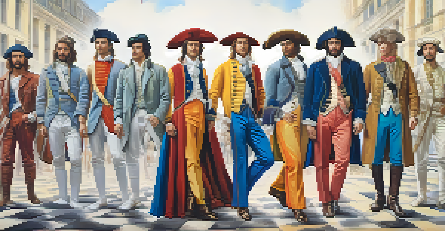 A timeline of historical fashion showcasing outfits from various political movements, with a gradient background.