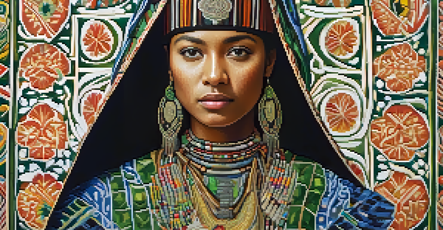 A close-up of a person in a culturally significant outfit with intricate patterns, set against a lush green background.