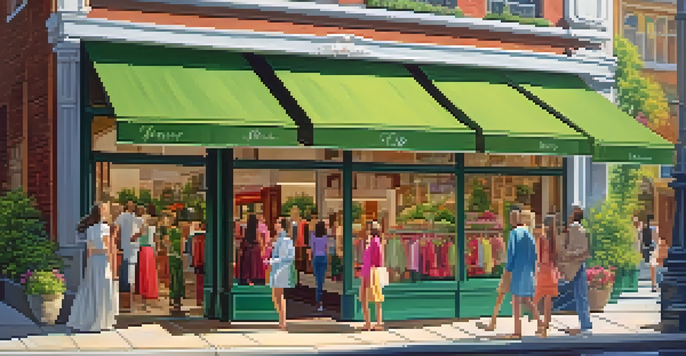 A lively street with a fashion boutique, colorful clothes in the window, and people walking by in the warm afternoon light.