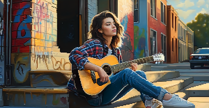 A young adult in an oversized flannel shirt and distressed jeans, sitting on the steps of a graffiti-covered building with a vintage guitar.