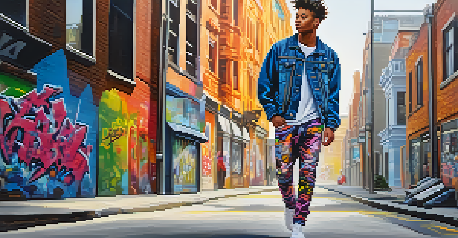 A young man in colorful streetwear walking on a vibrant city street with graffiti art.