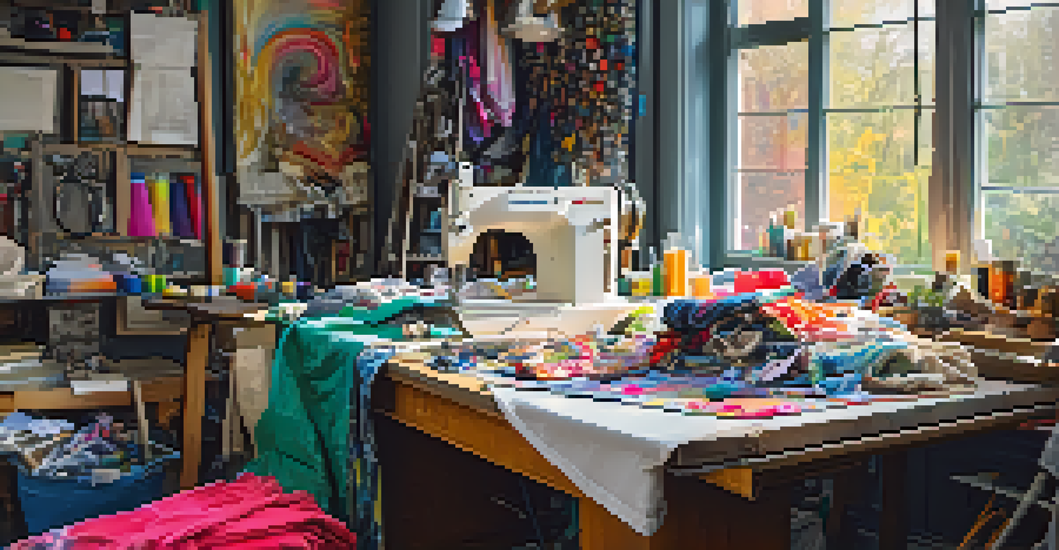 A designer in a bright workspace upcycling old clothing, surrounded by sewing materials and colorful fabric scraps.