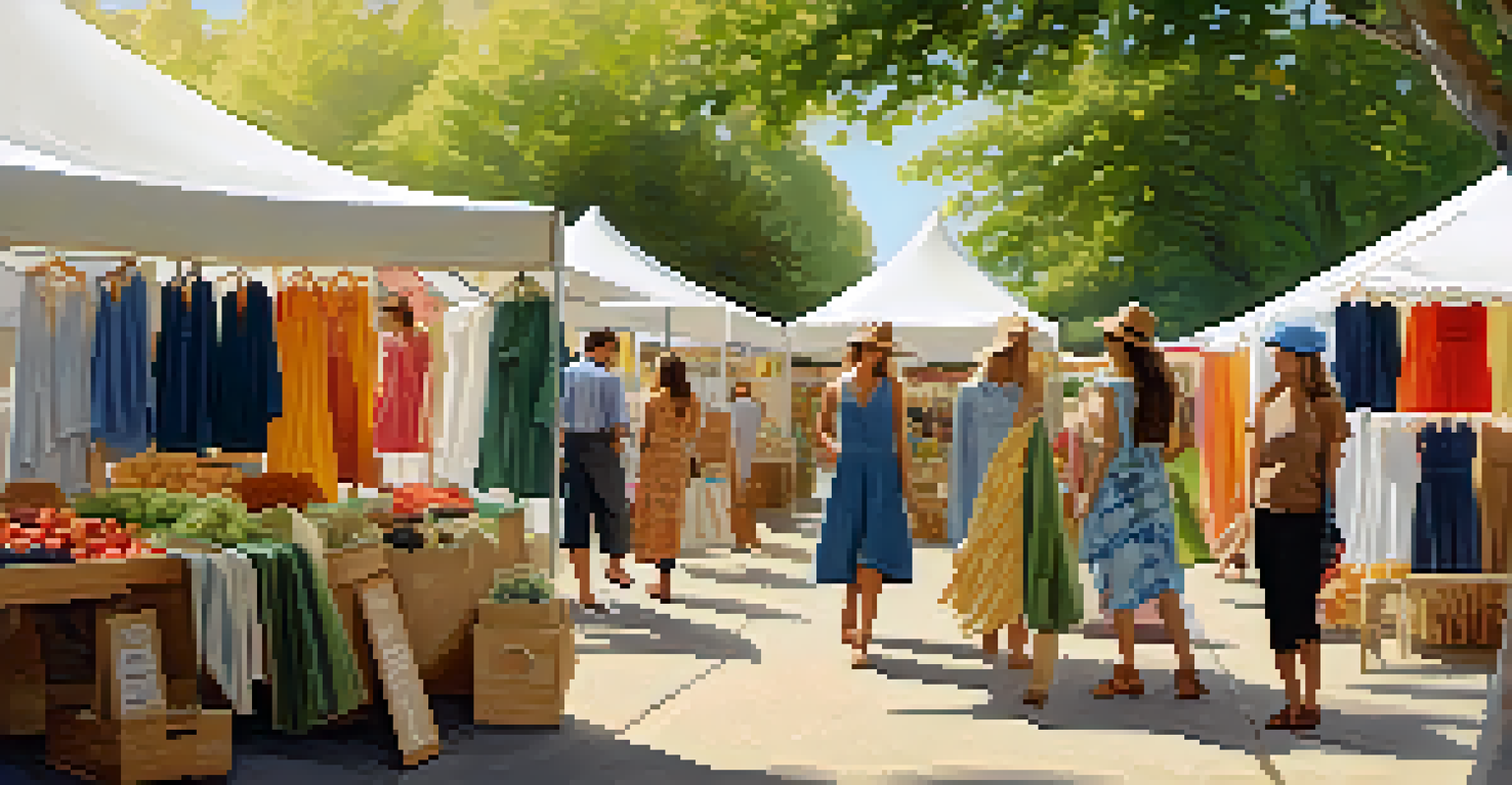 A farmer's market featuring eco-friendly clothing brands and shoppers interacting.