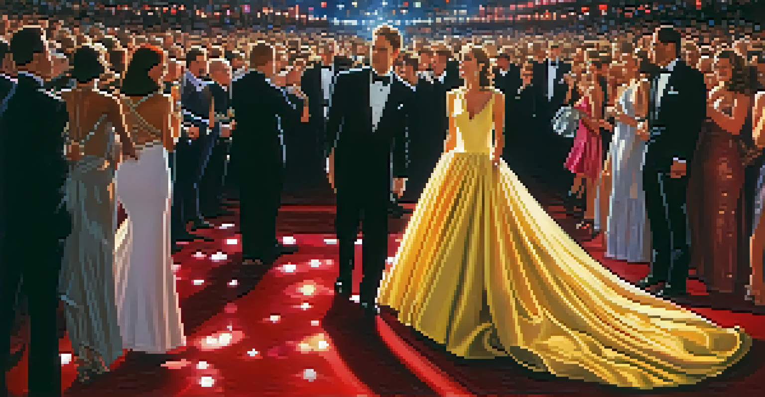 A celebrity on the red carpet wearing a sparkling avant-garde gown, surrounded by fans and photographers at a glamorous event.