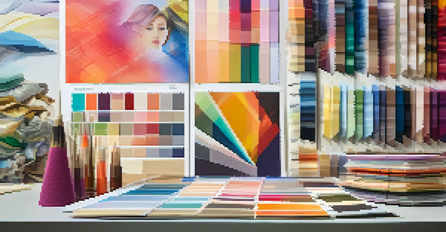 A close-up of a trend forecasting board with fabric swatches, sketches, and a colorful array of design elements.