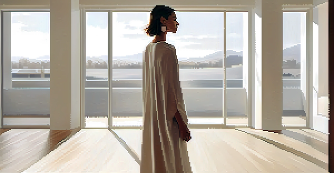 A model in a neutral-toned outfit stands in a bright, sunlit room with large windows, surrounded by simple and natural textures.