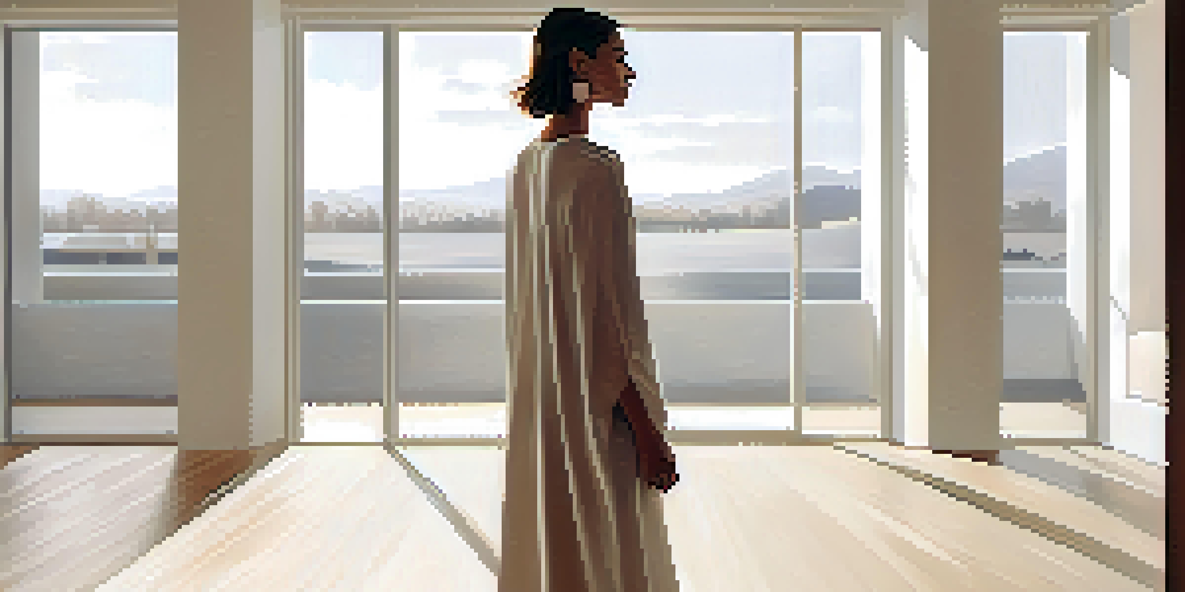A model in a neutral-toned outfit stands in a bright, sunlit room with large windows, surrounded by simple and natural textures.
