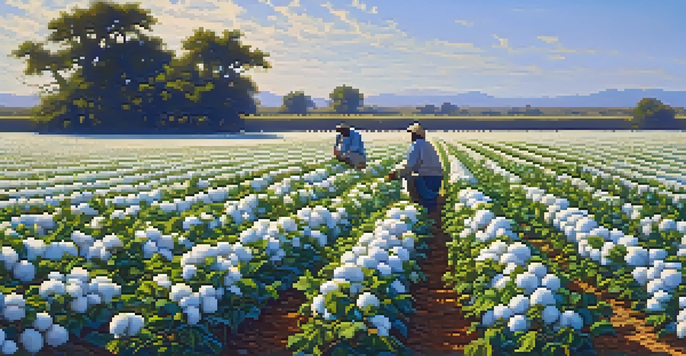 A farmer harvesting cotton in a vibrant green field under a bright blue sky.