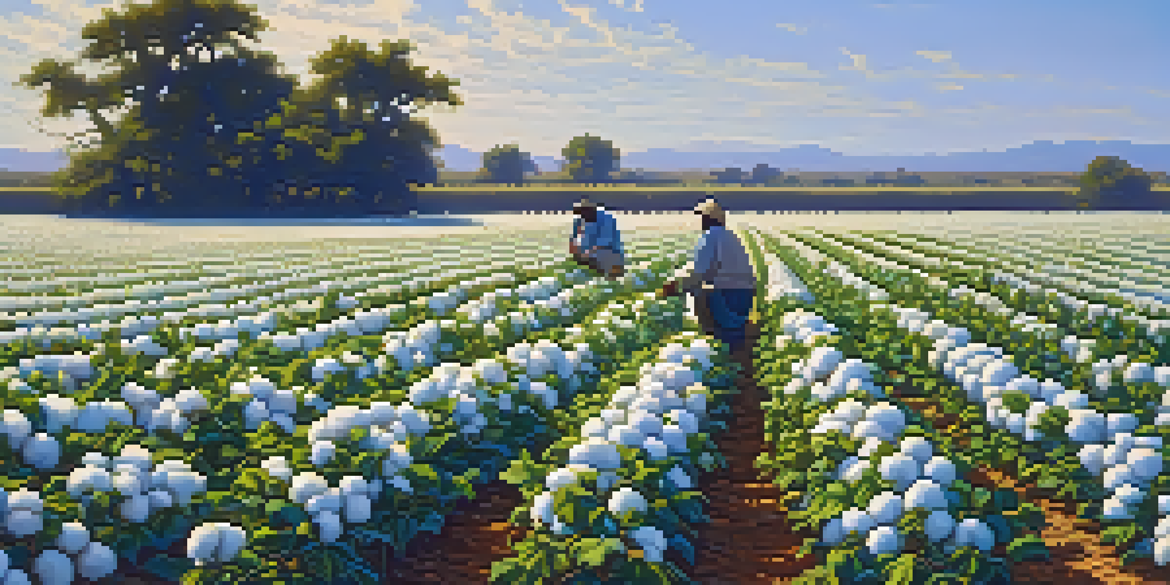 A farmer harvesting cotton in a vibrant green field under a bright blue sky.