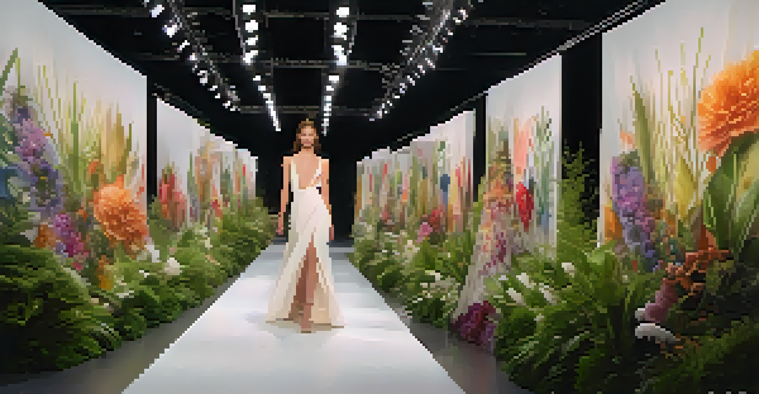 Models walking on a runway show featuring sustainable fashion designs with natural elements in the decor.