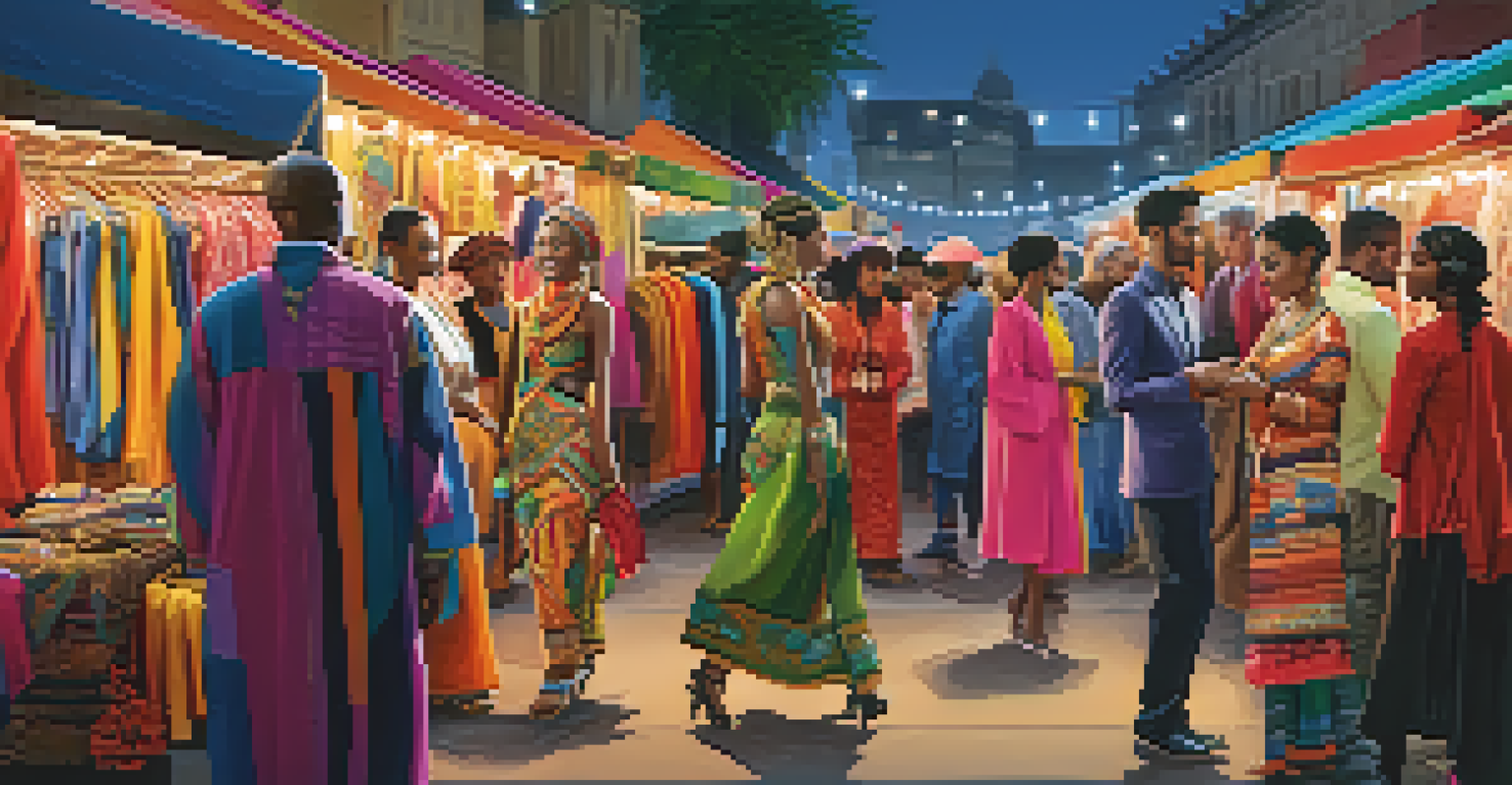 A global fashion marketplace with people exchanging clothes from different cultures, filled with vibrant colors and lively energy.