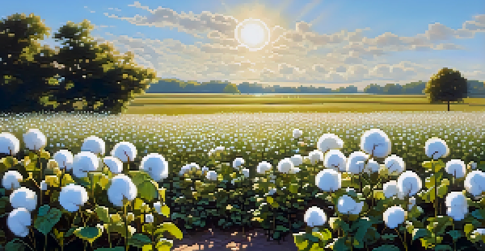 A field of organic cotton plants under a blue sky with a wooden sign reading 'Organic Cotton'.