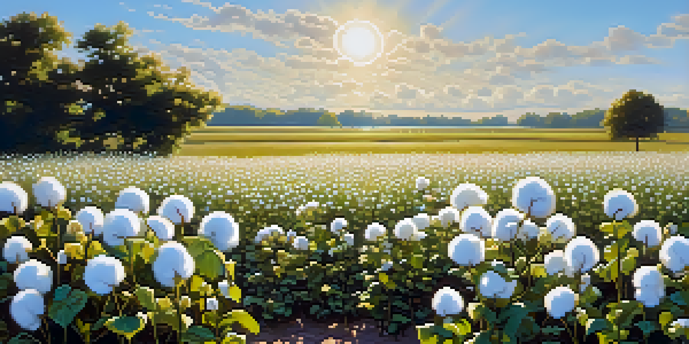 A field of organic cotton plants under a blue sky with a wooden sign reading 'Organic Cotton'.