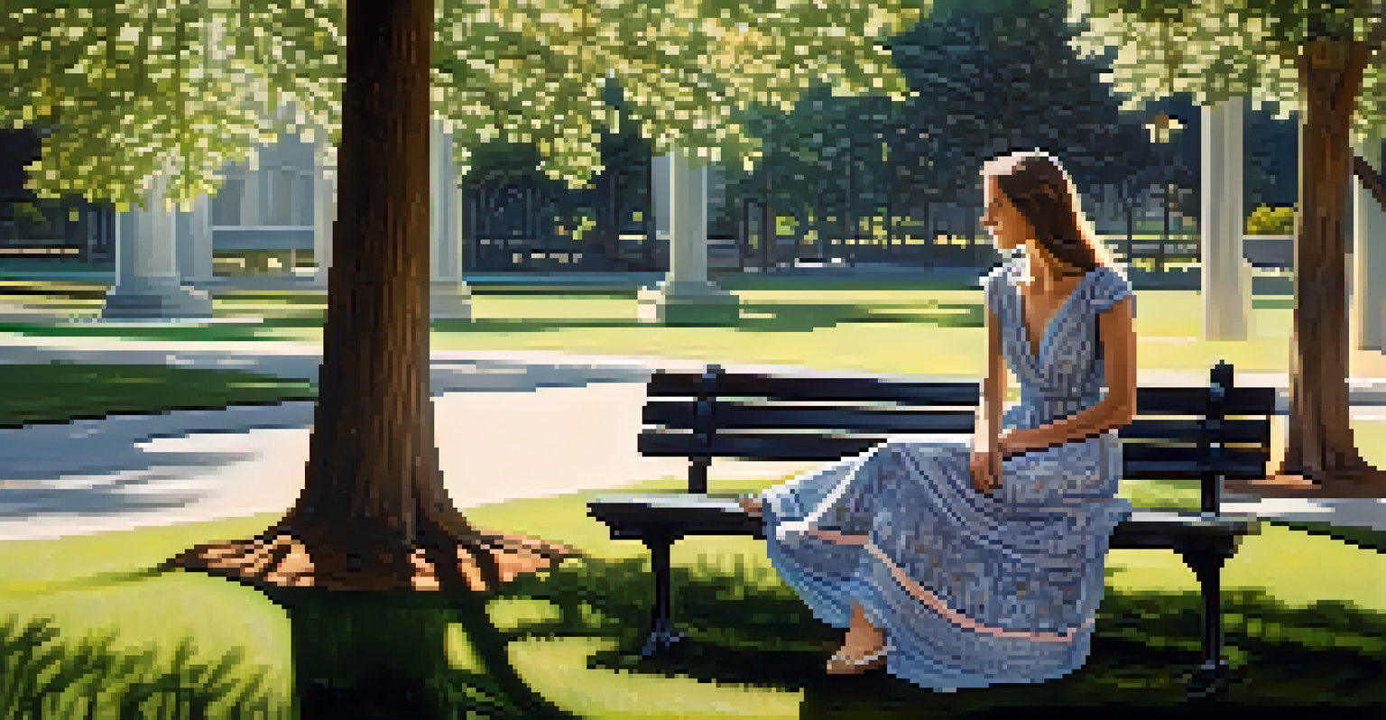 A young woman in a flowing dress sitting on a park bench, surrounded by blooming flowers and dappled sunlight.